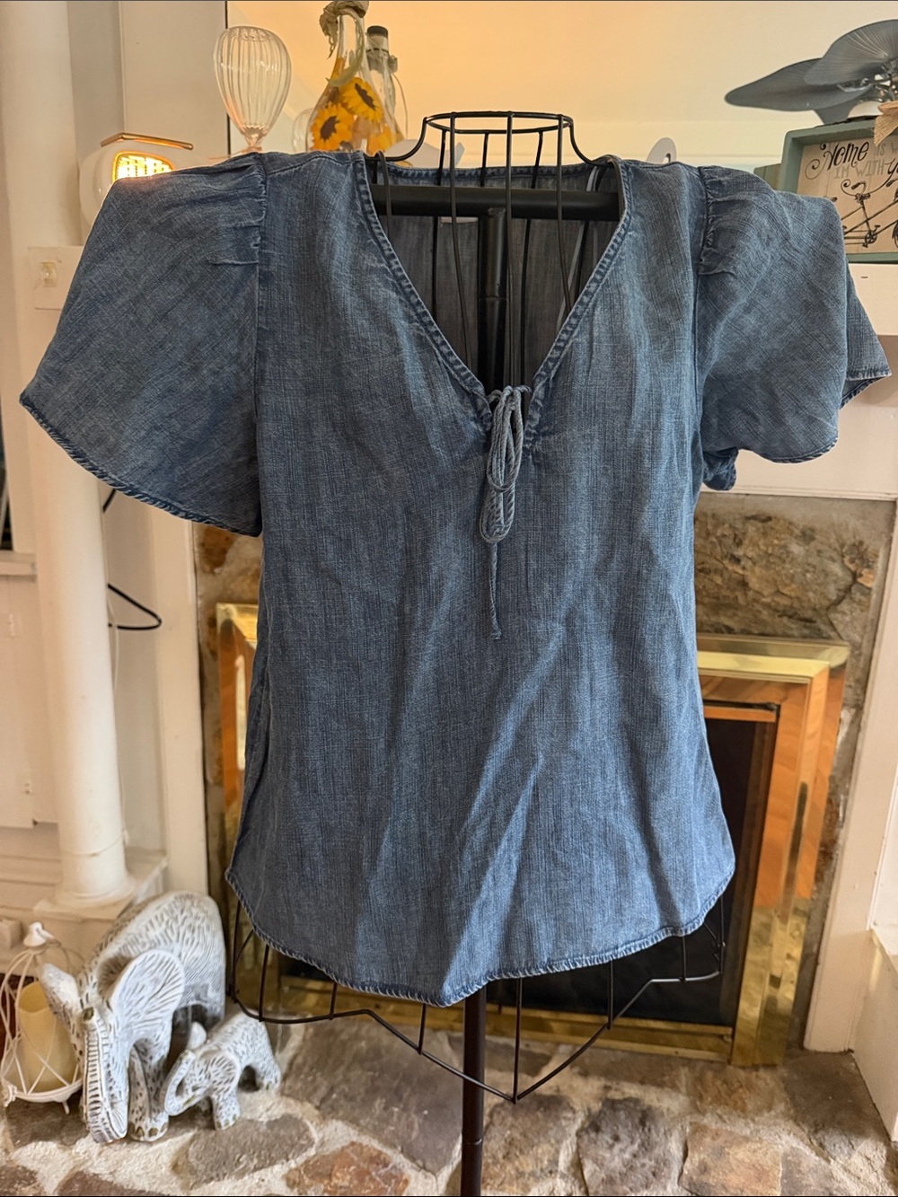 LC Lauren Conrad Washed Denim Tie-Front V-Neck Blouse - Blue